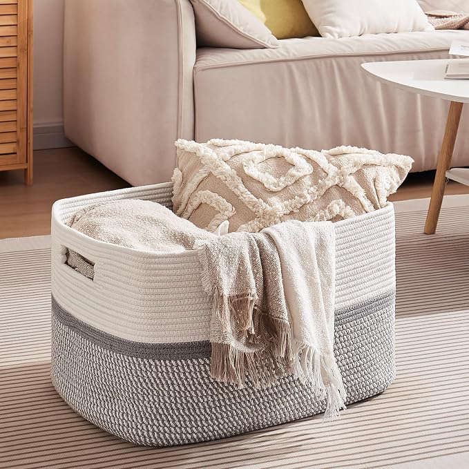 OIAHOMY Blanket Basket Laundry Basket Dog Toy Basket 75L Grey/White | Large Storage Basket,Baby Basket,Toy Storage,Woven Rope Basket for Blankets,Blanket Storage for Living Room
