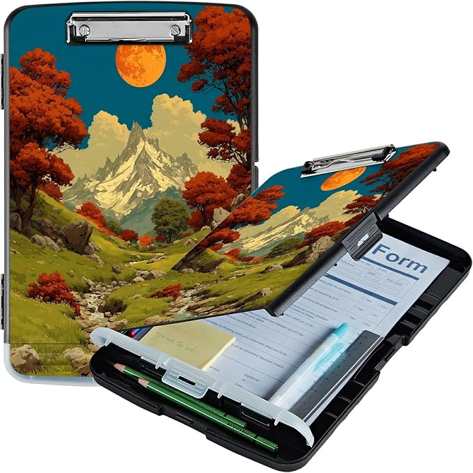 A4 Clipboard with Storage Pen Holder, Clipboards Organizer Nursing Clipboard Foldable File Folder Plastic Clipboard Folio Clip Board for Office Classroom Doctor, Snow Mountain Moon Brook