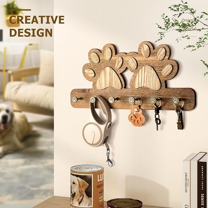 MTERSN Acacia Wood Cute Dog Leash Holder for Wall for Pet Organizer, Brown | Acacia Wood, Unique 3D Pet Claw Hooks, Key Holder Wall Mount with 6 Hooks, Farmhouse Home Decor for Entryway & Apartment