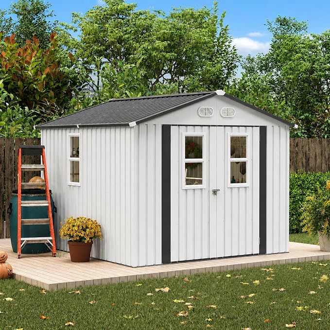 8x8 FT Outdoor Storage Shed, Metal Storage Shed with 4 Windows & Lockable Double Doors, Heavy-Duty Storage Tool Shed with Protective Film for Backyard Garden, White
