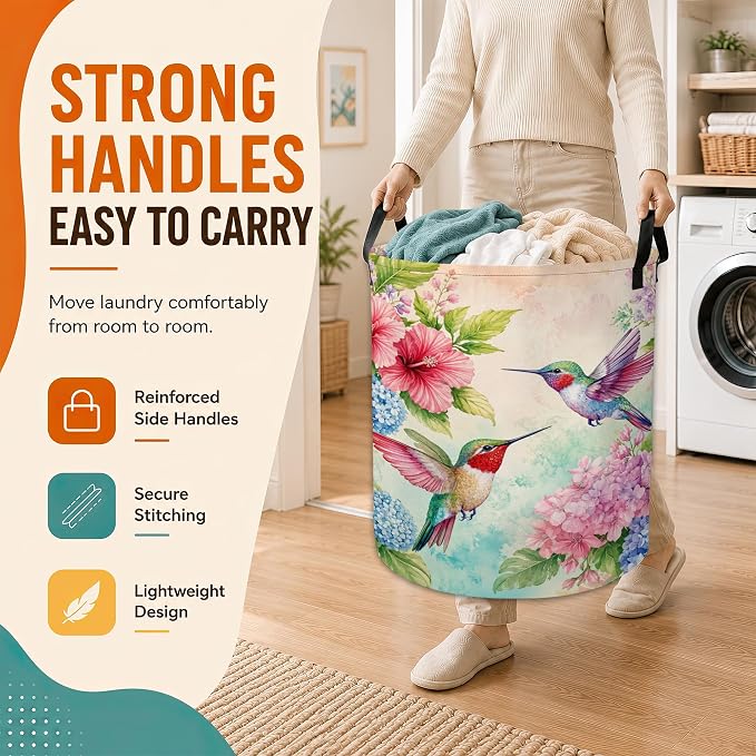 Hummingbird Laundry Basket,Hibiscus Hydrangea Foldable Oxford Laundry Hamper with Handles,Collapsible Clothes Storage Bucket Tote Bag for Laundry Room,Bathroom,Bedroom,Dorm