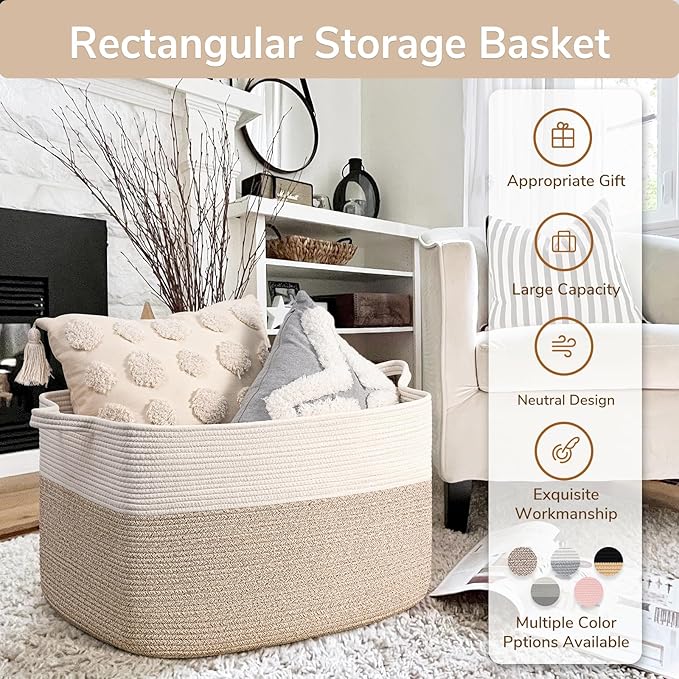 Goodpick 85L Large Woven Rope Blanket Basket, White & Light Brown | 23.6'' x 15.7'' x 13.8'' Storage Basket for Blankets, Toys & Clothes, Nursery & Bedroom Organization, Reinforced Handles