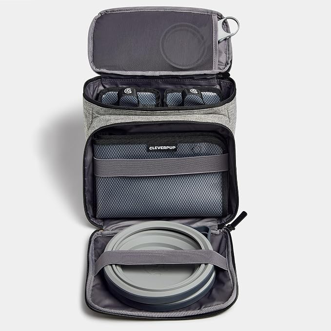 Large 7-Piece Bistro Box Dog Food Travel Kit, 12-BPA-Free Cup Kibble Storage, 2 Silicone Bowls, Mat & Scoop - Portable Pet Food Kit for Weekends, Overnights, Daycare & Camping, Heather Grey