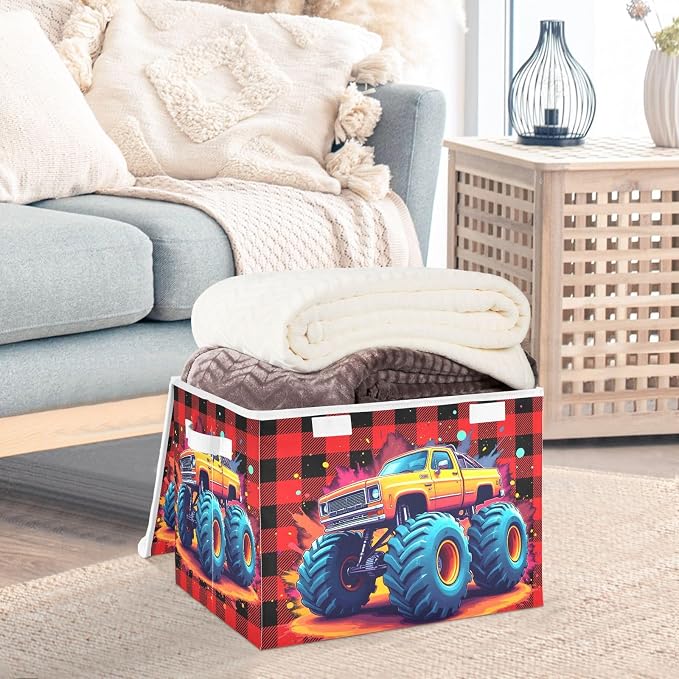 Spatter Trunk Fabric Storage Bins with Lid Closet Storage Basket 40L | Decorative Storage Boxes, Dust-Proof Flip Top, Reinforced Handles, For Home & Bedroom, Clothes & Toy Box, Trunk Fabric Print