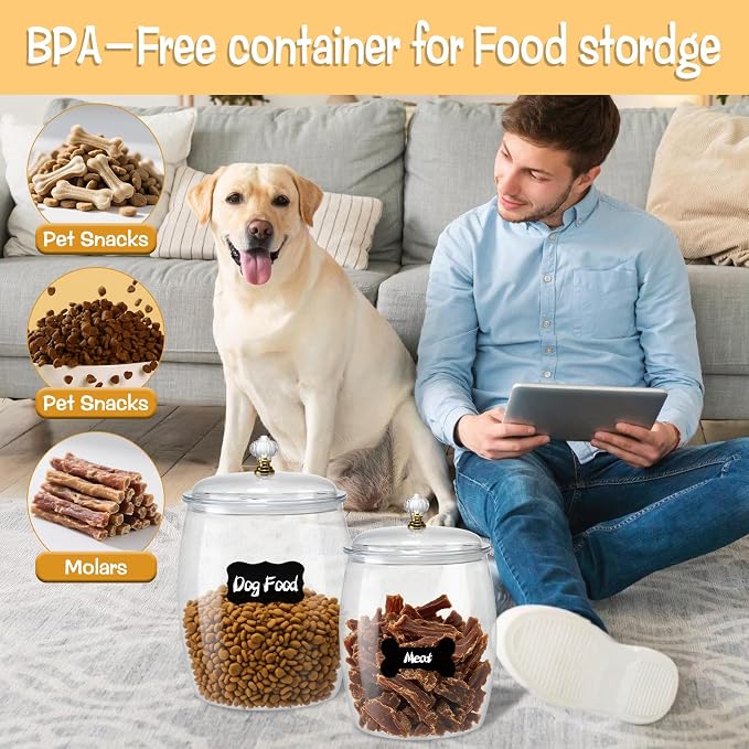 2 Pack Dog Treat Container Airtight, Dog Food Storage Container Dog Treat Jar with Lid 9.8x6.3 & 8.6x5.3 inch Clear Dog Cookie Jar with Scoops,Clamp,Labels for Dog Cat Bird and other Pet