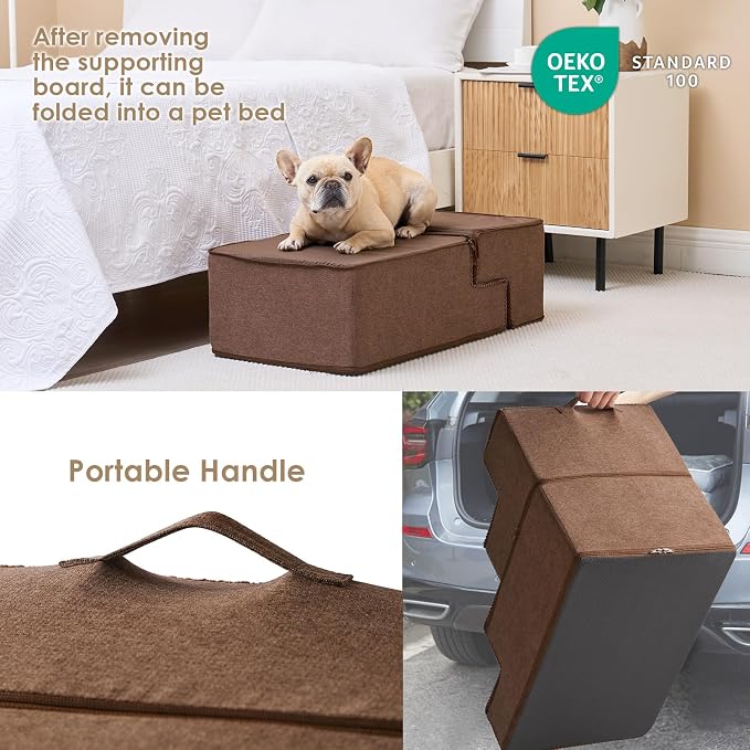 EHEYCIGA Dog Stairs for Bed 18" H, 4-Step Extra Wide Dog Steps for High Bed, Pet Steps for Small Dogs and Cats, Non-Slip Balanced Pet Ramp Indoor, Brown