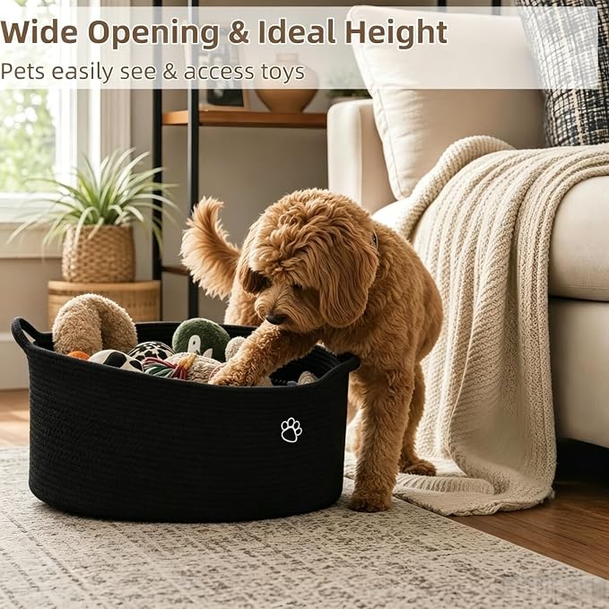 Optish 40L Extra Large Dog Toy Basket, 20" x 14" x 9" XL Toy Storage Box and Bin with Handles, Woven Cotton Rope Foldable Basket for Blankets, Living Room, Bedroom, Home Decor, Black