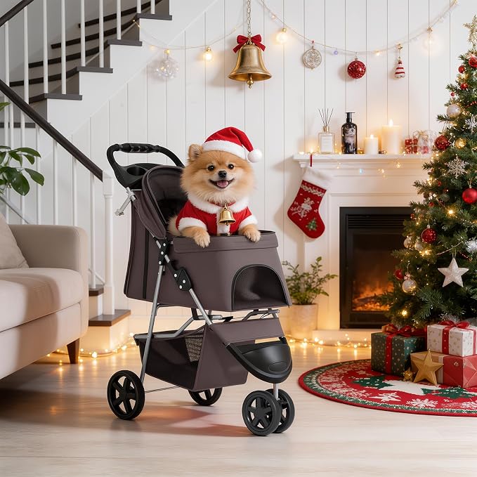MoNiBloom Pet Stroller for Small/Medium Dogs and Cats up to 33 lbs, Coffee | Foldable Dog Stroller 3 Wheels Pet Strolling Cart w/ Storage Basket Cup Holder, Breathable and Visible Mesh for All-Season
