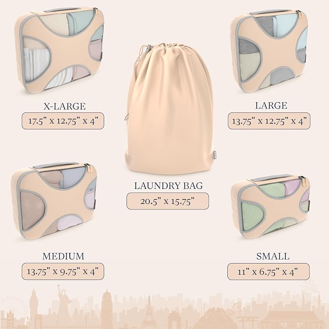 Shacke 5 Set Packing Cubes for Travel with Laundry Bag (Nude Beige) | Suitcase Organizer Bags Set: 4 Water-Resistant Luggage Cubes, XL to Small, + Laundry Bag for Carry-On or Checked