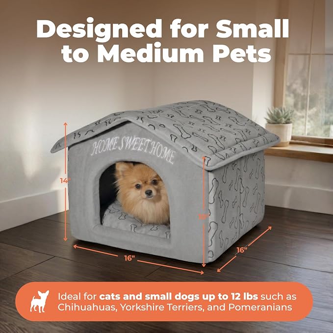 Best Pet Supplies Cat Bed for Indoor Cat, Domed Tent House with Removable Pillow, Covered Cat Cave for Small Dog, Puppies and All Breeds of Cats - Silver w/ Bones, 16 x 16 x H:14"
