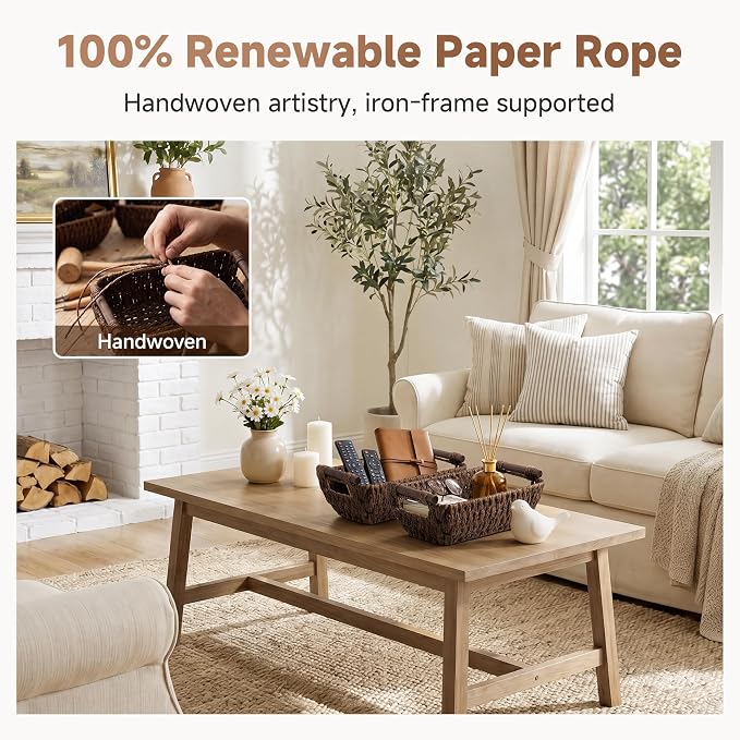 StorageWorks Small Baskets for Organizing, Woven Basket for Shelves | Wicker Storage Baskets for Shelves, Baskets with Wooden Handles, 2-Pack Gifts Basket for Home Decor, Hand-Woven Basket
