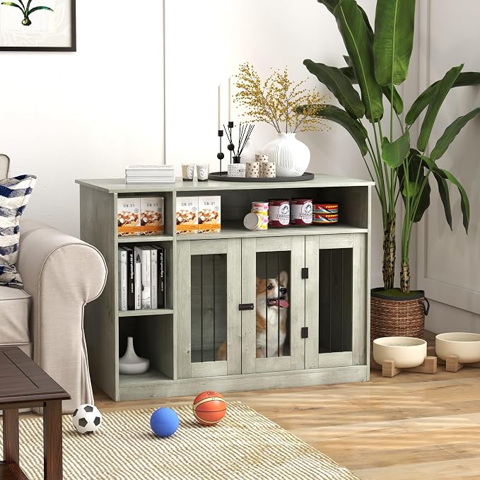 Dog Crate Furniture, 47" Indoor Dog Kennel and Pet Cage with Storage for Large and Medium Dogs, Furniture-Style Enclosure for Living Room or Bedroom, Gray