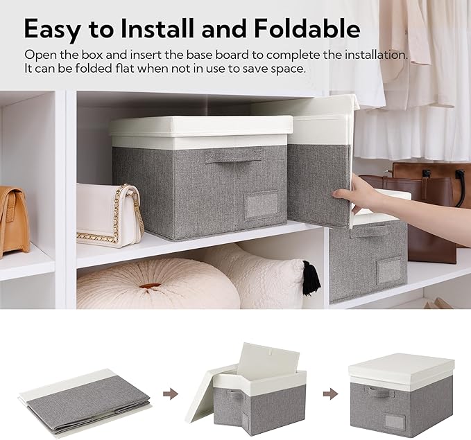 GRANNY SAYS Storage Bins with Lids, Decorative Storage Boxes with Lids | Storage Box with Dust Cover, Handles & Lable, Collapsible, Ideal for Closet Clothes Blanket Toys, Large, White&Gray, 3-Pack