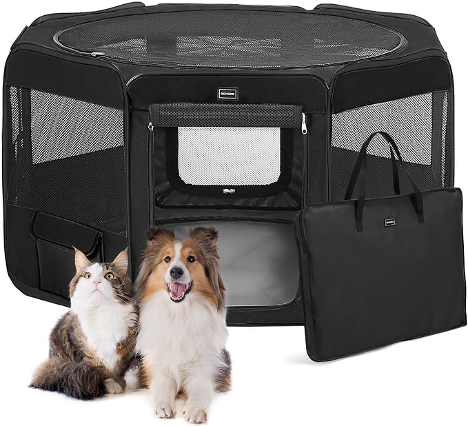 Dog Playpen Portable Pet Play Pens for Small Dog/Cat/Rabbit/Chicks, Cat Playpen Indoor/Outdoor with Carring Case, Removable Zipper Top and Bottom (Black, Extra Large (55"x55"x30"), 8)