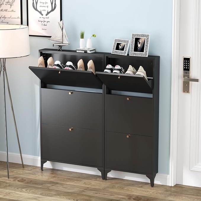 Shoe Cabinet with 3 Flip Drawers, Narrow Shoe Storage Cabinet, Farmhouse Shoe Organizer, Freestanding Organizer with Metal Legs for Entryway, Foyer (Black, Narrow 3-Door)