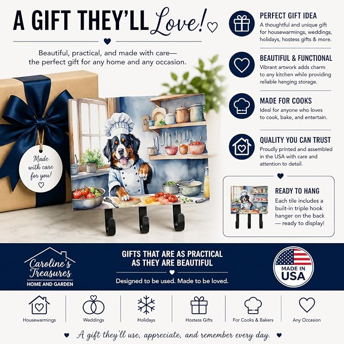 Caroline's Treasures Bernese Mountain Dog The Chef Leash or Key Holder Wall Hooks, Key Hooks Holder, Coat Rack Wall Mount, Coat Hooks, Hooks for Hanging Keys, Towels, Aprons, Leashes | Bernese Mountain Dog The Chef artwork on ceramic tile with three st...