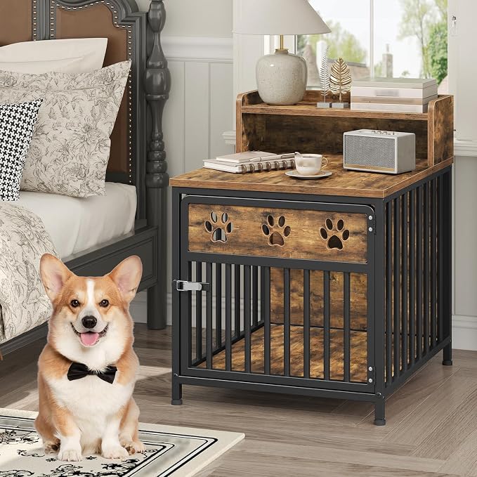 YATINEY Dog Crate Furniture, Wooden Dog Kennel with Storage, Indoor Pet Crate End Table, Two-Tier Small Dogs House, Chew-Proof, for Living Room, Bedroom, Black and Rustic Brown DC01BR