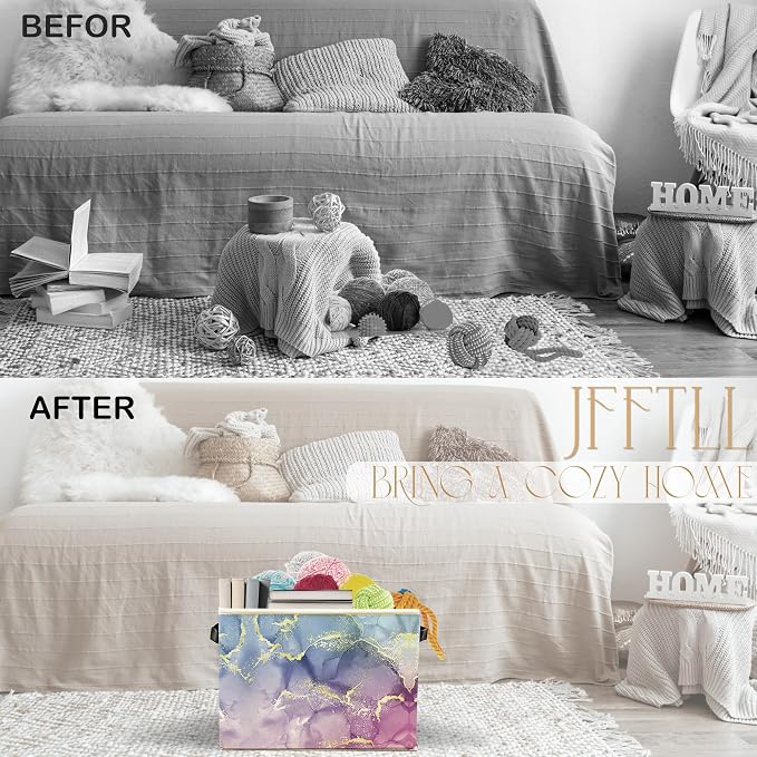 Blue Purple Marble Storage Bins with Handles, Abstract Modern Glitter Marble Texture Collapsible Laundry Basket Storage Box for Home Bedroom Bathroom Clothes Toys Books