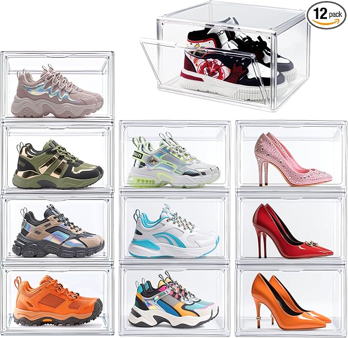 12 Pack Acrylic Shoe Boxes for Flat, Loafer & Small Space, Fits Size 12.5 | Magnetic Side Door, Space-saving Clear Shoe Storage Boxes, Acrylic Display Case, Shoe Containers for Entryway & Sneaker