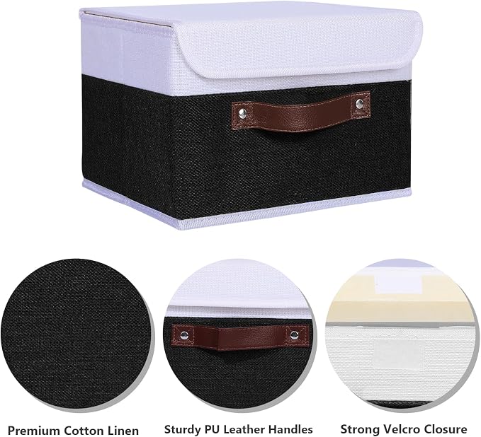 ANMINY Fabric Storage Box Bins with Lids, Black White, 13"x9"x7.9", 2 Pack | Keepsake Memory Storage, Cotton Linen, PP Board Reinforced, Washable, PU Handles, Foldable & Stackable, Decorative, Medium