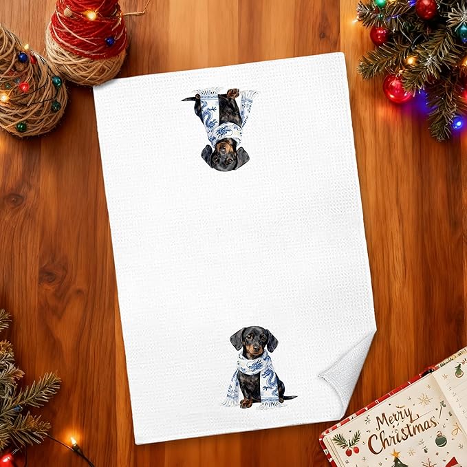 Blue Chinoiserie Dachshund Kitchen Towels 16x24 in, Dachshund Lovers Gifts, Grandmillennial Scarf Sausage Wiener Dog Decorative Hand Tea Dish Towels for Bathroom Kitchen
