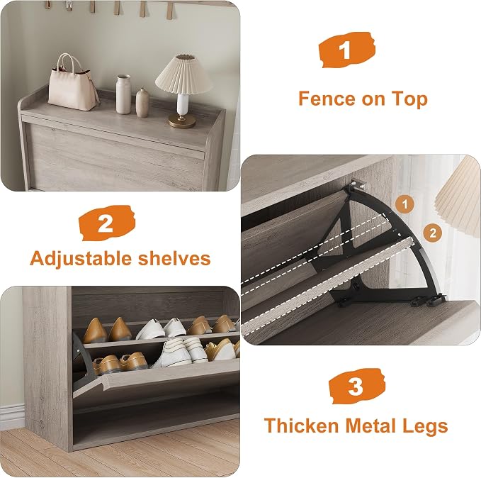 GarveeHome Shoe Cabinet with 3 Flip Drawers, Wooden Shoe Organizer Cabinet with Adjustable Shelf, Shoe Storage for Entryway, Hidden Shoe Cabinet for Hallway, Living Room, Grey