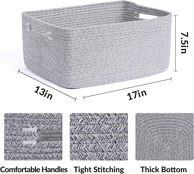 MiniArk Large Storage Baskets for Shelves, 17 x 13 x 7.5” Closet Organizers Bins for Clothes Blanket Towels, Baby Nursery, Toy Baskets Box, Woven Rope Baskets, 3 Packs Mixed Grey