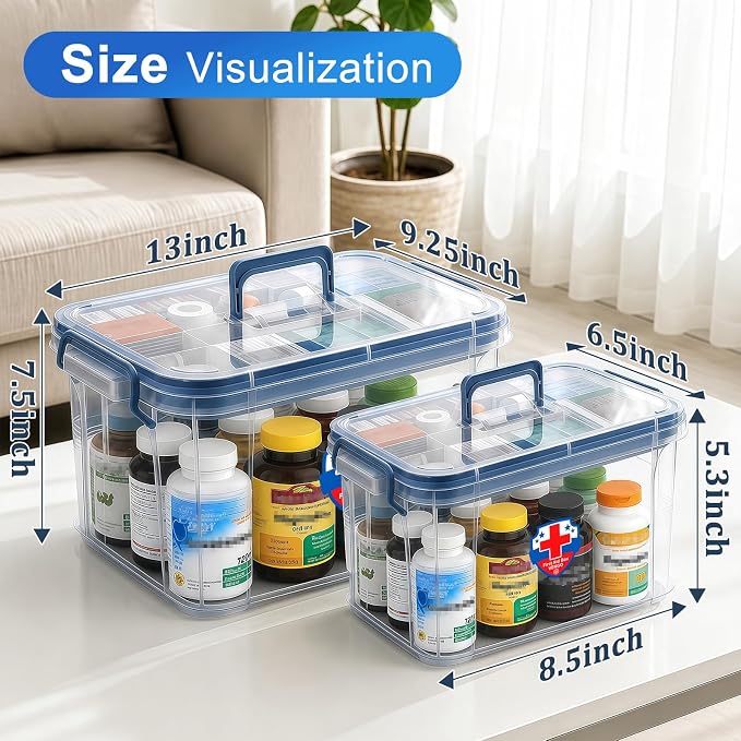 2 Pack Clear Medicine Organizer Box with Handle, Plastic Medicine Container with Tray First Aid Box Empty, Thickened Medicine Storage Organizer Multipurpose Medication Organizer Storage, Blue