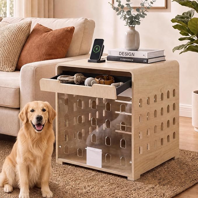 Modern Dog Crate Furniture Wooden Kennel Charging Station End Table Oak | Nightstand, Dog Cage Indoor, up to 110 lb, Flip-Up Acrylic Door, Storage Drawer, for Large Medium Dogs, Living Room Bedroom