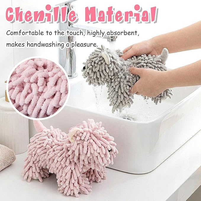 Tegeme 4 Pcs Chenille Dog Hand Towel Fuzzy Dog Towel Absorbent Microfiber Soft for Bathroom Kitchen Washstand (Gray Brown Pink Blue)