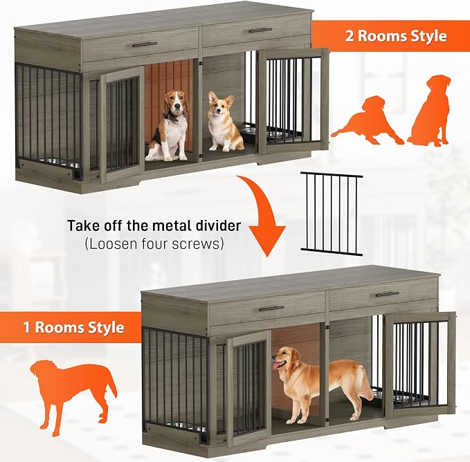 Rophefx 72" Double Dog Crate Furniture with Drawers and Divider, Grey | Wooden dog kennel for 2 medium dogs with 2 drawers, removable divider, 4 bowls and TV stand top