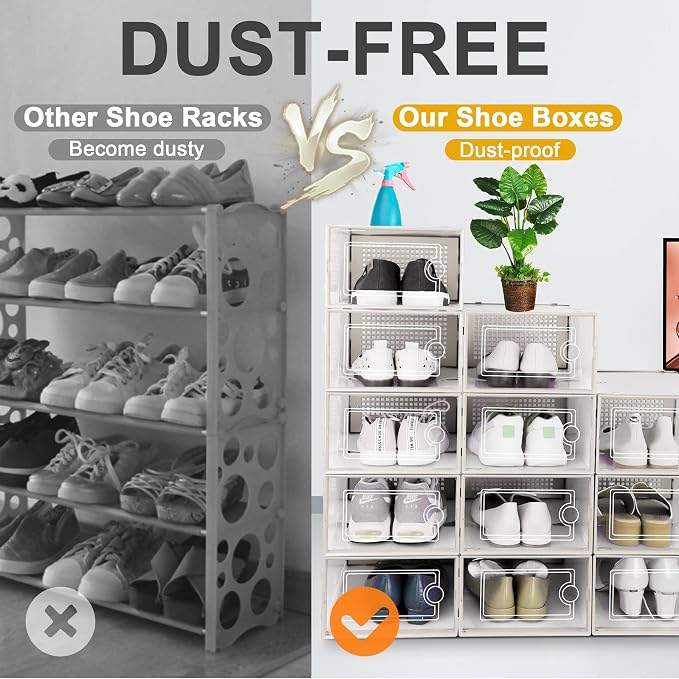Kuject 12 Pack Large Shoe Boxes, Clear Stackable Containers with Lids,White | Shoe organizers for closet & entryway, under-bed,Drop-front design fits women's size 10