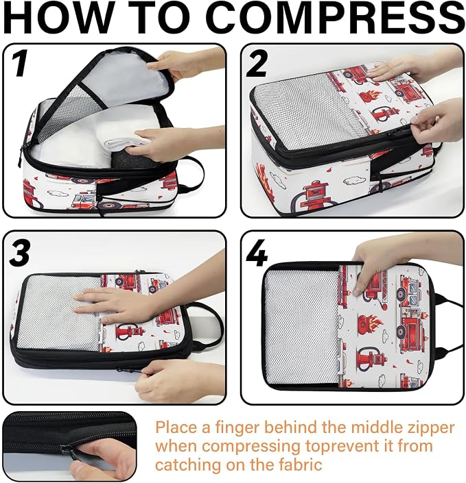 Fire Truck Compression Packing Cubes Transportation 6 Set Travel Packing Cubes for Suitcases Lightweight Expandable Organizers