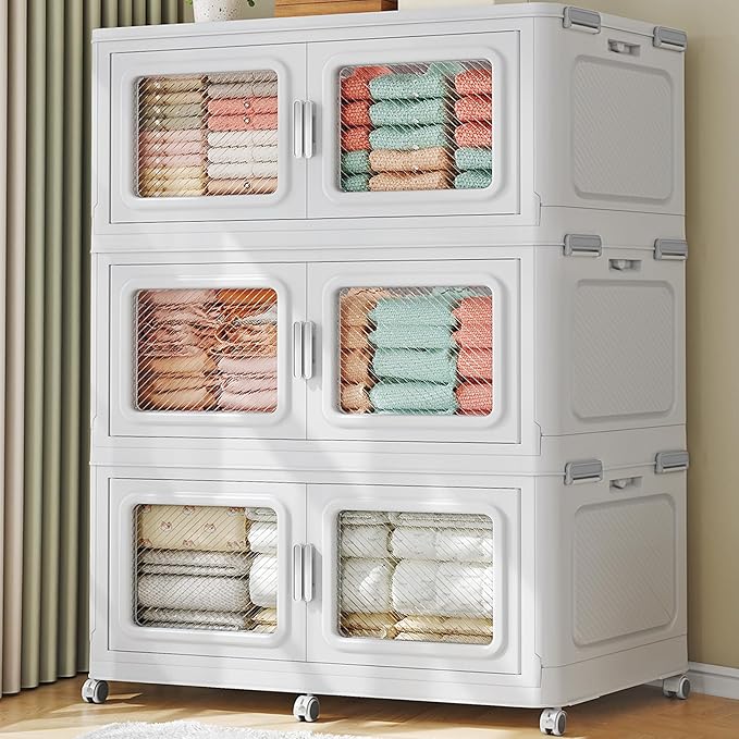 BROVIEW 660 Qt Extra Large Stackable Storage Bin with Lid, 3 Pack White | 165Gal Extra Large, Collapsible Storage Boxes with 3 Lids, Folding& Rolling Plastic Drawer, Heavy-Duty Cabinet Organization