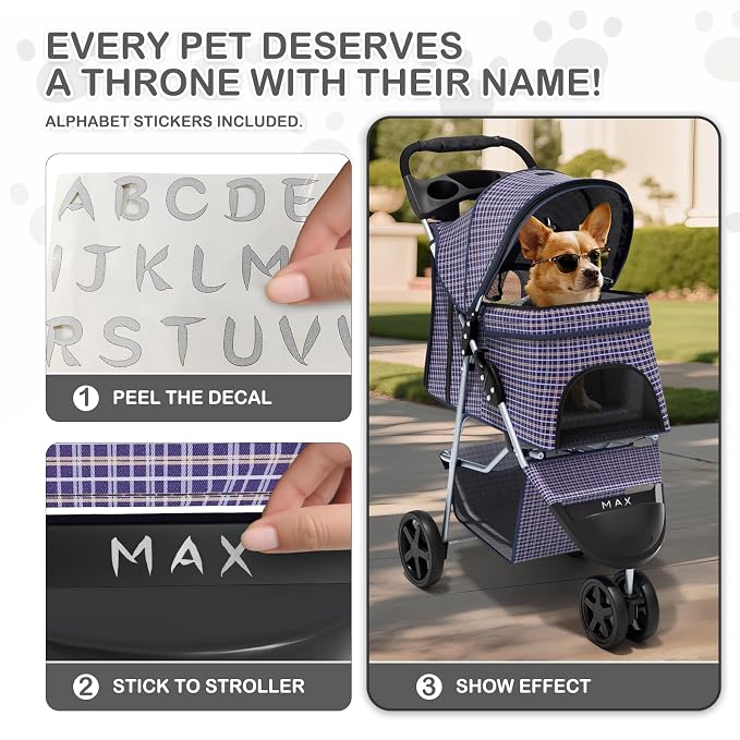 MoNiBloom Pet Stroller for Small/Medium Dogs and Cats up to 33 lbs, Plaid | Foldable Dog Stroller 3 Wheels Pet Strolling Cart w/ Storage Basket Cup Holder, Breathable and Visible Mesh for All-Season