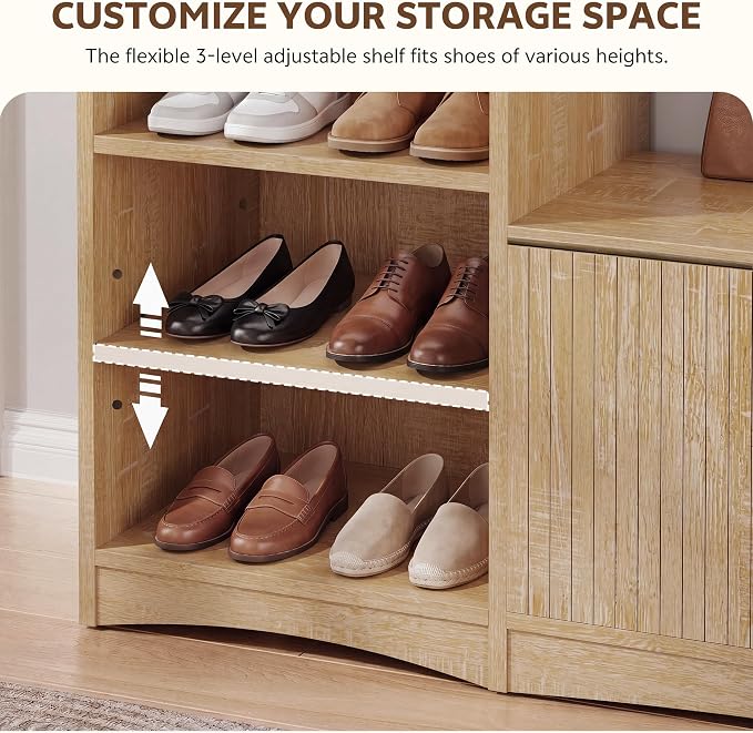 U-Shaped Shoe Cabinet Bench with Flip-Open Box & Shelf, Natural | 63" W Lift-Top Storage Wooden Bench for Entryway, Living Room, Hallway