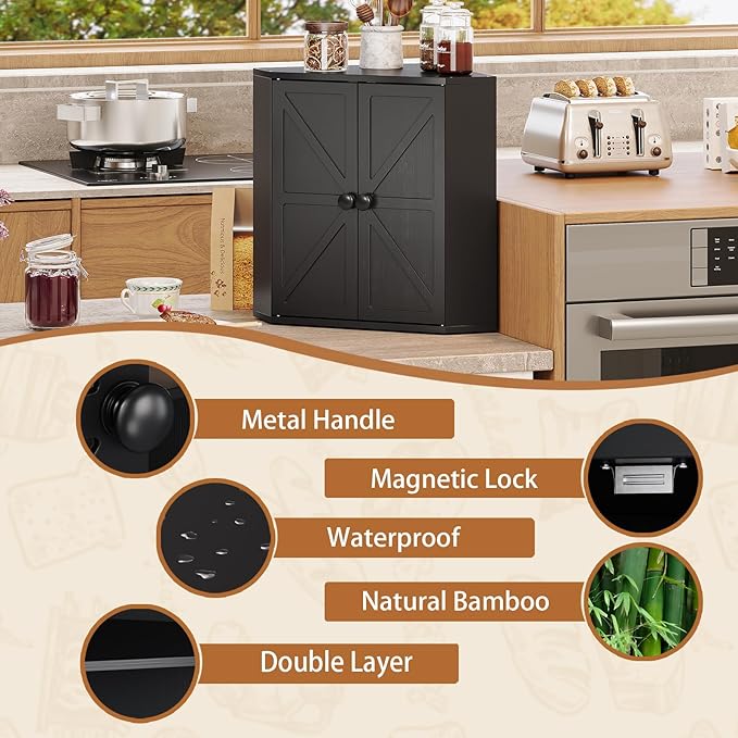 Trironsun Corner Bread Box for Kitchen Counter Double Layer Bamboo Bread Storage Container Large Capacity Bread Storage Bin Farmhouse Breadbox Organizer (Black)