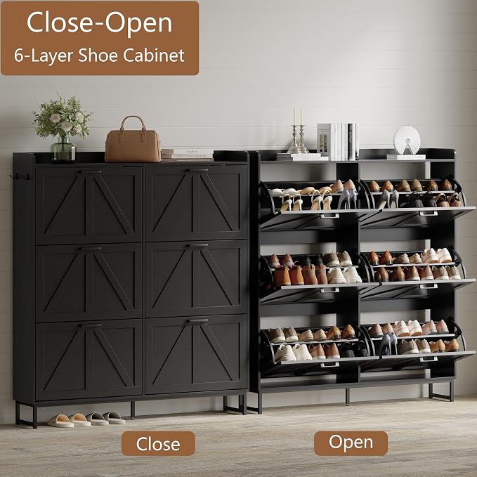 Xixini Shoe Storage Cabinet with 6 Flip Drawers, Entryway Shoe Rack, Black | Freestanding Narrow Shoe Storage, Hidden Slim Wood Shoe Organizer, Modern Farmhouse, Open Storage & Hooks for Closet, Hallway