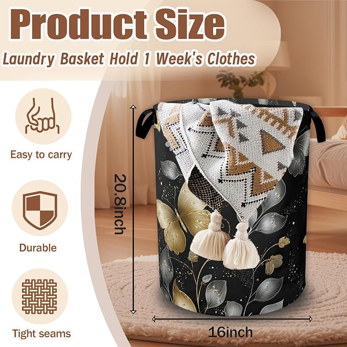 Golden and White Butterflies Laundry Basket,Laundry Hamper Waterproof Oxford Cloth Tote Bag,Clothes Storage Bucket Decorative Toy Organizer for Bathroom Bedroom 16" x 20.8"