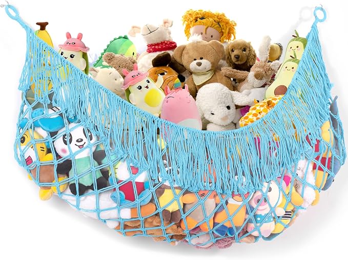 Stuffed Animal Hammock - Extra Large 63'' Long (Blue) | Premium Cotton Hand-knitted, Beautiful Long Tassel, Storage Hanging Organizer, Can Fit Stuffed Animals 40 Piece or More