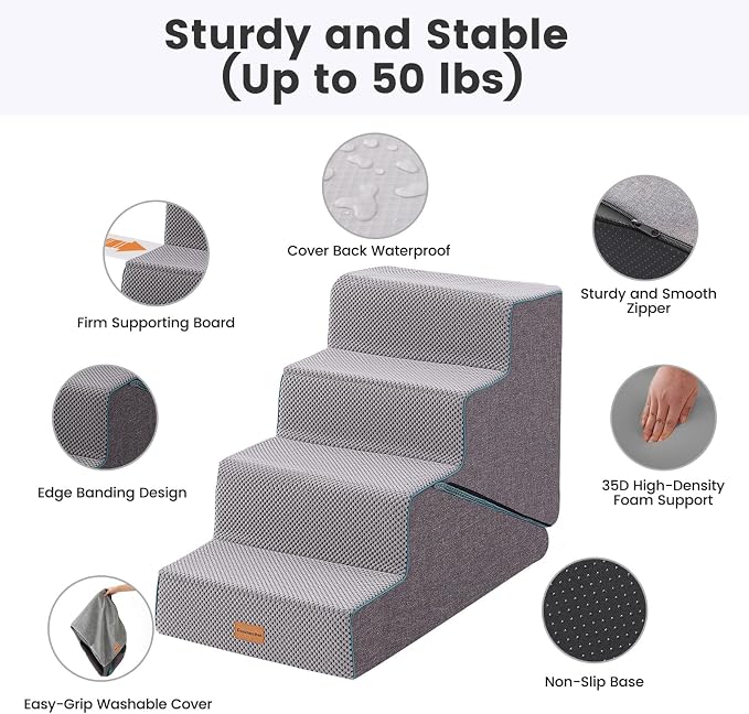 Gardner Pet Dog Stairs for Small Dogs 18.5" H, Small 2 in 1 Transformable 4-Step Pet Stairs and Dog ramp, Steps for Couch with Durable Non-Slip Waterproof Fabric Cover and Soft Foam, Grey