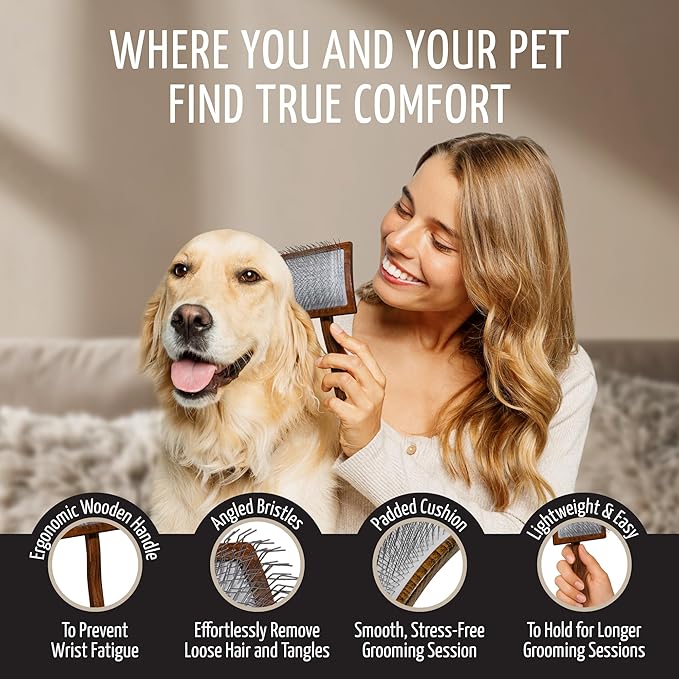 Tauro Pro Line Slicker Brush for Dogs & Cats, Deshedding, Dematting & Detangling Grooming Tool for Medium to Long Coats, Ideal for Retrievers & Maine Coons, Flexible Cushion, Natural, Large Size (L)