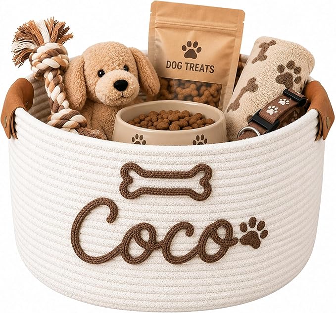 JUPPE Pet Dog Basket with Personalized Name, Dog Toys Storage Organizer Custom Cotton Rope Basket Nursery Decor (Dog Toy Basket)