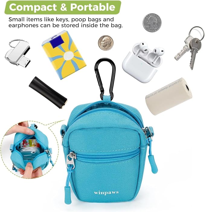 Dog Treat Pouch with Poop Bag Holder, Small Crossbody Bag for Puppy Training and Walking, Shoulder Strap Can Use as Dog Leash- Pet Travel Accessories, Metal Carabiner Attached (Blue) | 900D Oxford Fabric