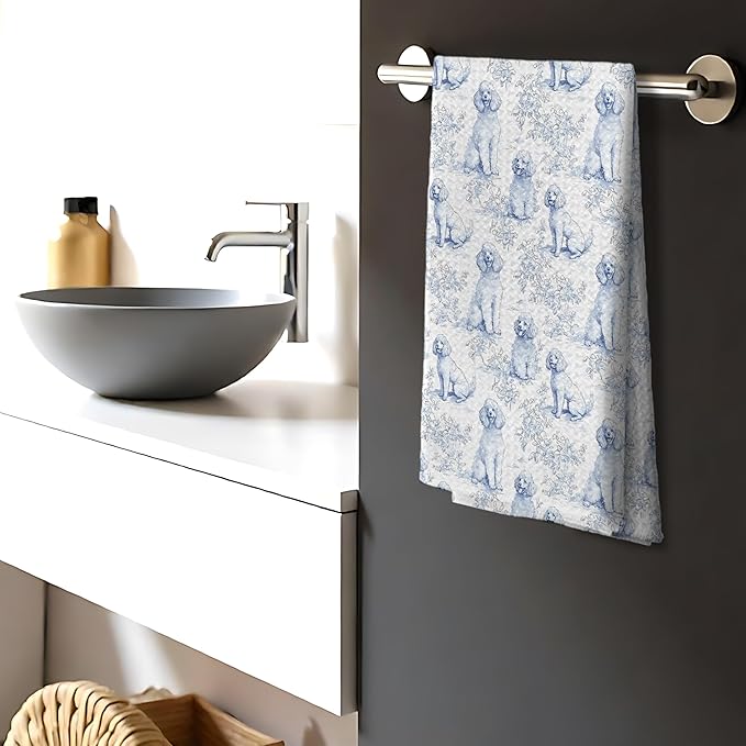 Chinoiserie Poodle Decor Kitchen Towels, Blue and White Botanical Grandmillennial Dog Decorative Dish Tea Towels,Poodle Gifts for Kitchen Bathroom Decor, 16x24 Inch