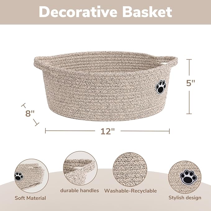 Dog Toy Basket, Small Woven Basket for Pet Toy Storage, Brown | 12"x 8" x 5" Small Dog Toy Bin & Box with Handles, Fits Living Room Bedroom Nursery Organization, Gift Basket Empty for Pets