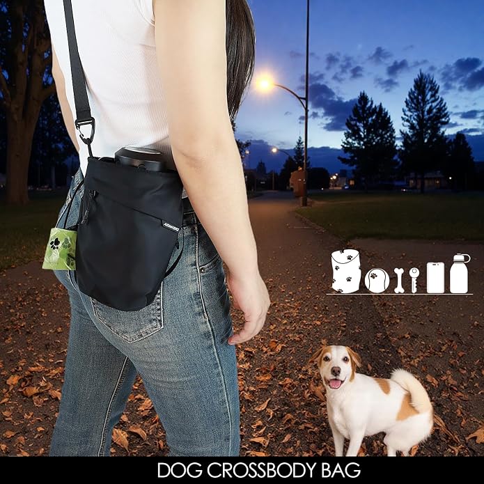 Multi-Function Crossbody Bag - Dog Walking Bag with Built-in Poop Bag Dispenser, Insulated Water Bottle Carrier & Waterproof Treat Pouch, Travel Toiletry Organizer for Pet Training, Hiking, Daily Use