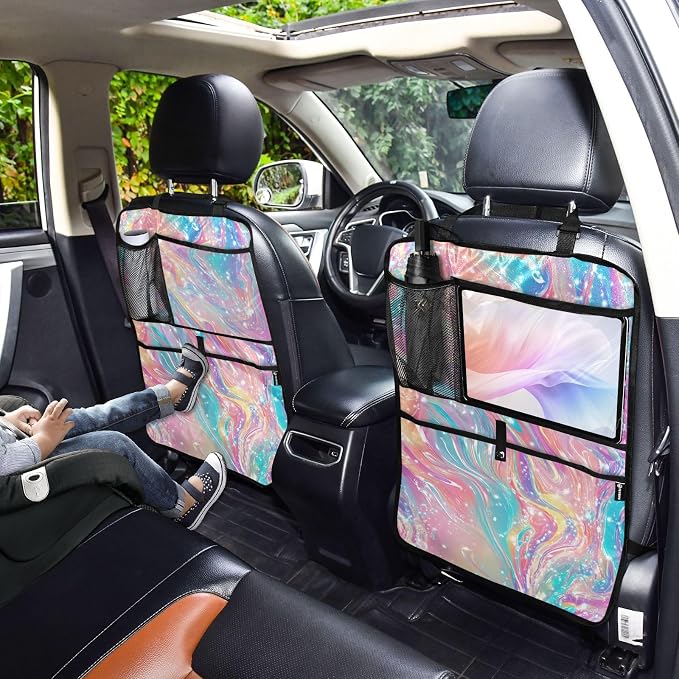 2 Pack Back Seat Car Organizer with Storage Pockets Kick Mats Back Seat Protector Hanging Car Organizer Automotive Seat Back Cover Organizers Pink Liquid Gradient