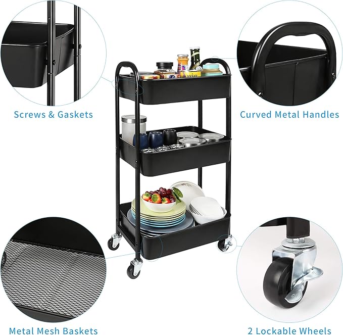 3-Tier Rolling Utility Cart with Caster Wheels Easy Assembly, Black | Easy Assembly, multi-purpose storage trolley for kitchen, rolling cart with smooth caster wheels for bathroom