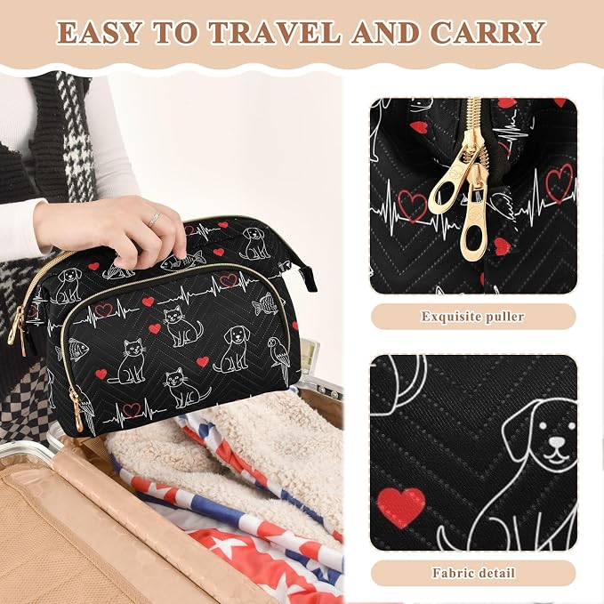 VIGTRO Pets Hearts Lines Makeup Bag Quilted Toiletry Bag Wide Open Cosmetic Bag with Bottles Kit Large Capacity Travel Organizer Pouch for Women